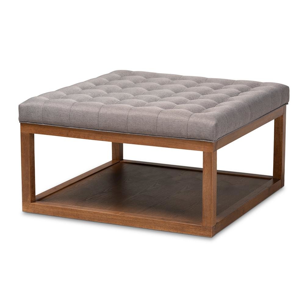 Grey Fabric Upholstered Walnut Finished Cocktail Ottoman