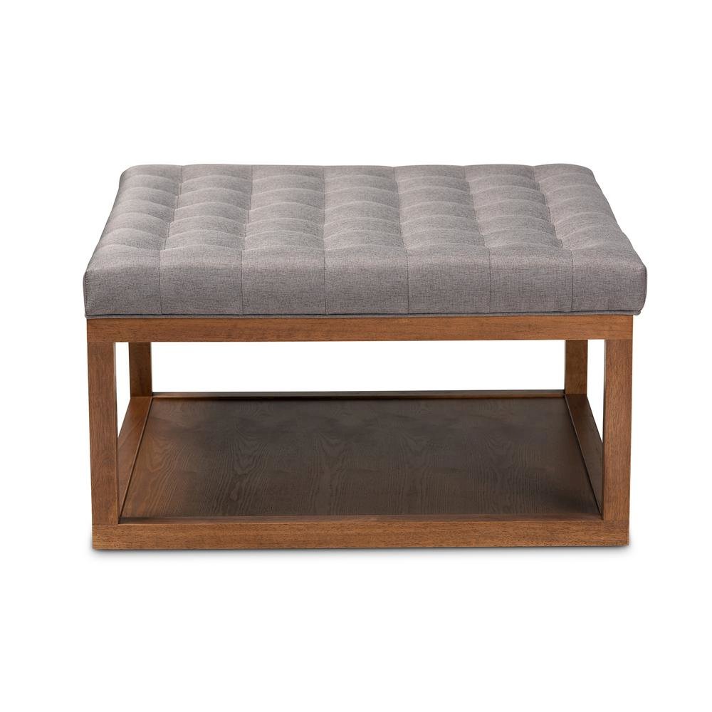 Grey Fabric Upholstered Walnut Finished Cocktail Ottoman