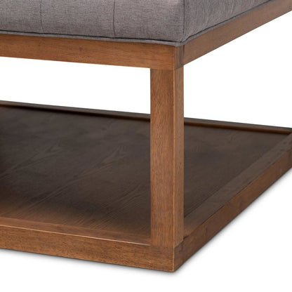 Grey Fabric Upholstered Walnut Finished Cocktail Ottoman