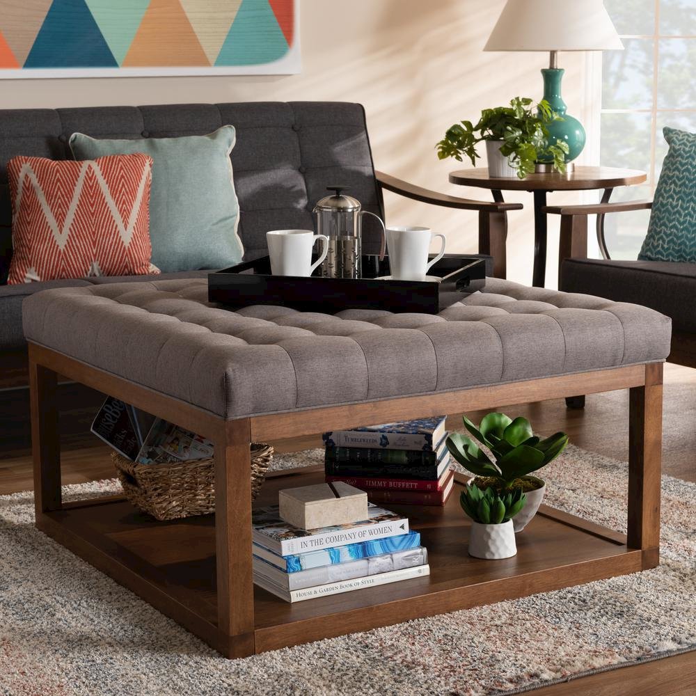 Grey Fabric Upholstered Walnut Finished Cocktail Ottoman