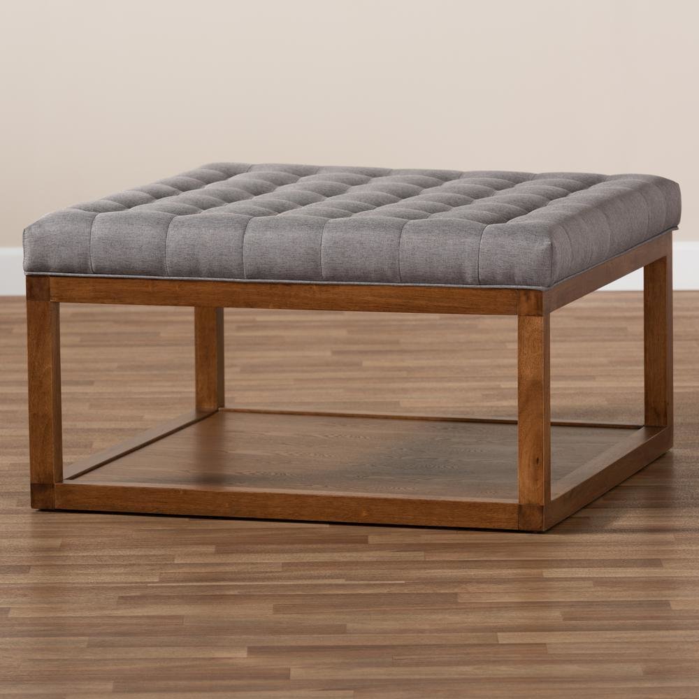 Grey Fabric Upholstered Walnut Finished Cocktail Ottoman