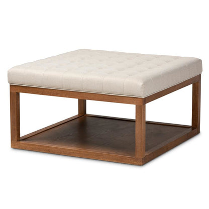 Beige Fabric Upholstered Walnut Finished Cocktail Ottoman