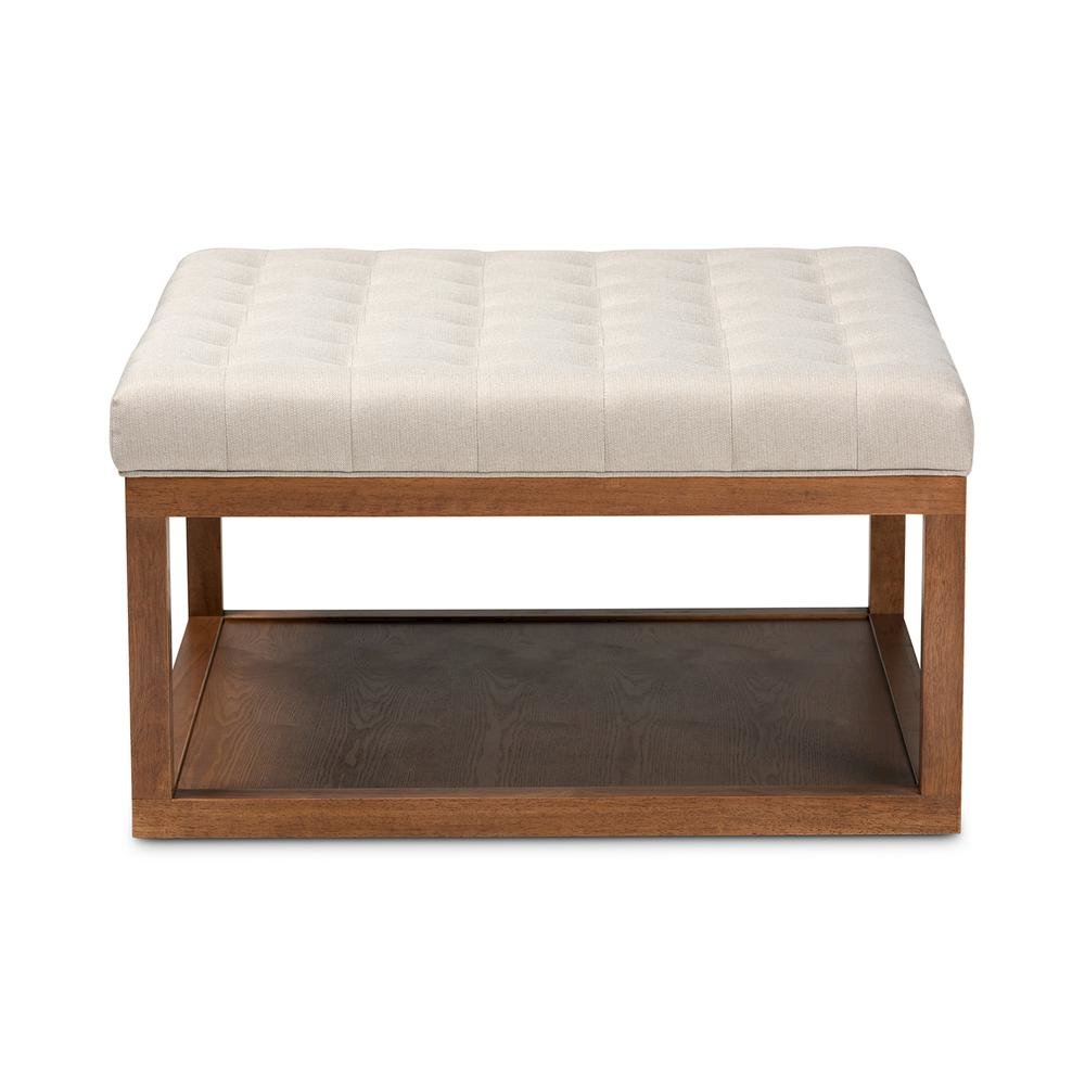 Beige Fabric Upholstered Walnut Finished Cocktail Ottoman
