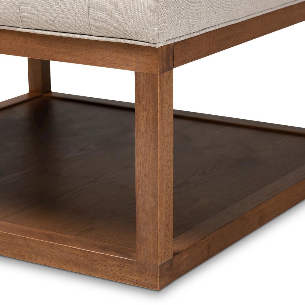 Beige Fabric Upholstered Walnut Finished Cocktail Ottoman