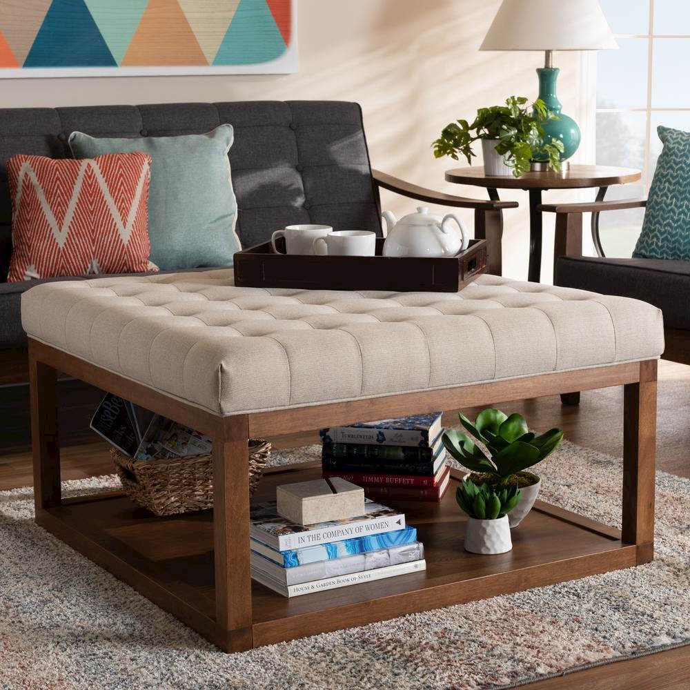 Beige Fabric Upholstered Walnut Finished Cocktail Ottoman