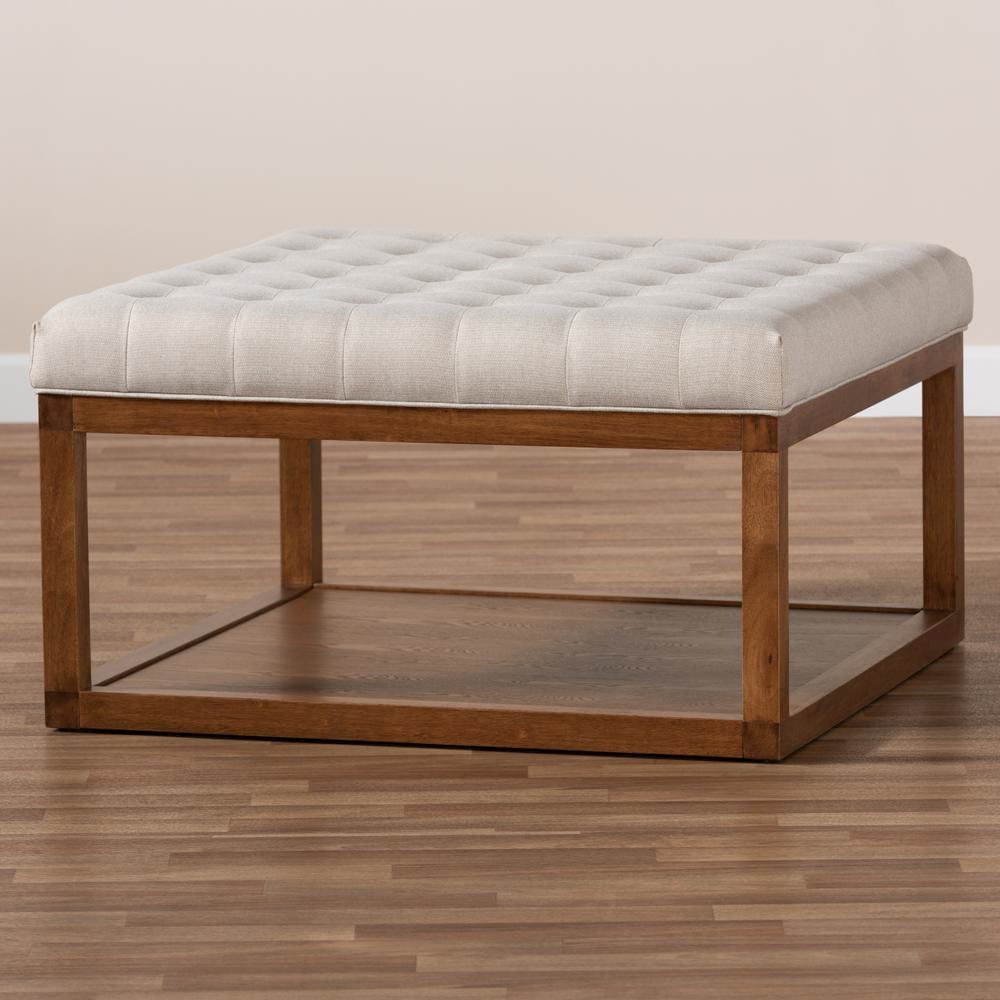 Beige Fabric Upholstered Walnut Finished Cocktail Ottoman