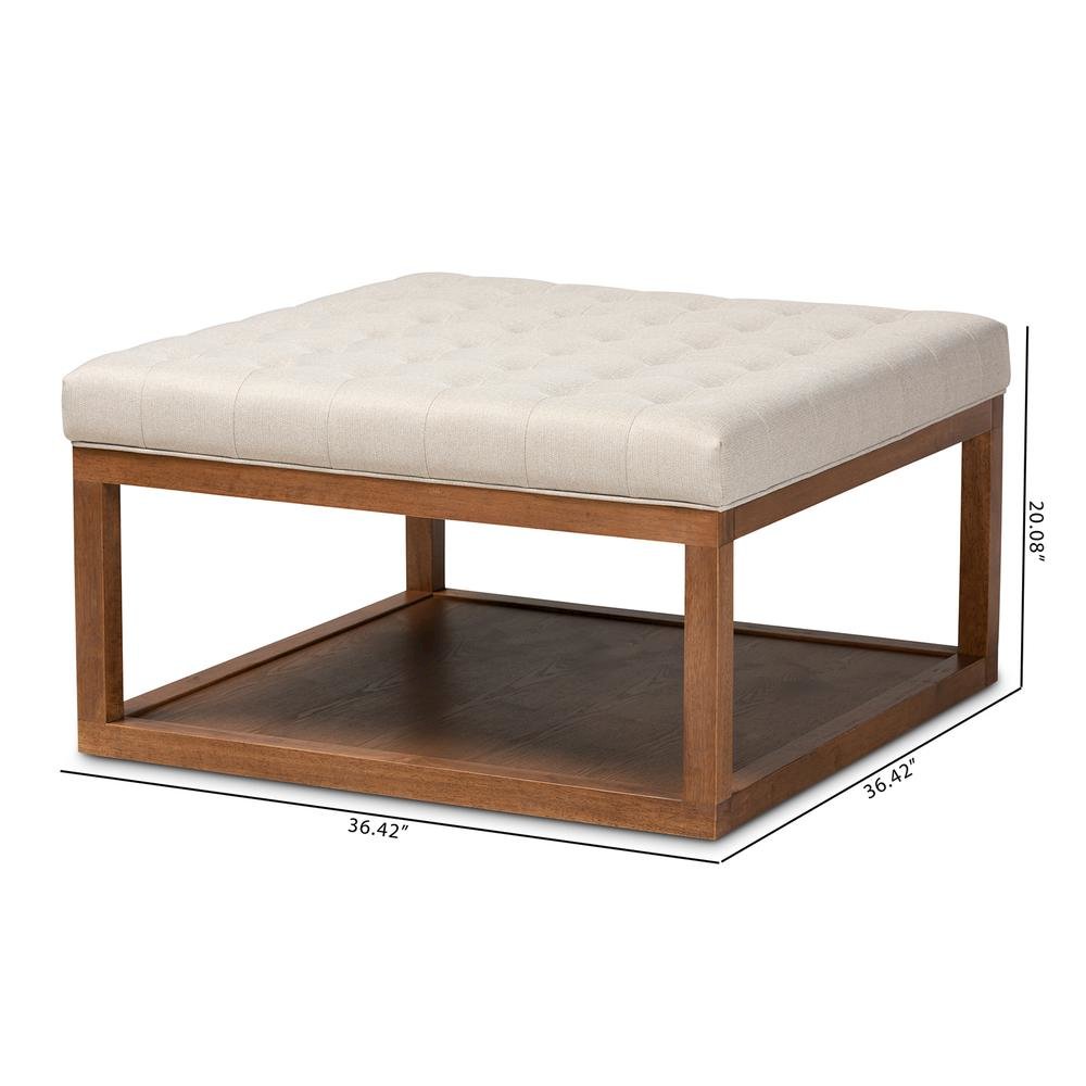 Beige Fabric Upholstered Walnut Finished Cocktail Ottoman