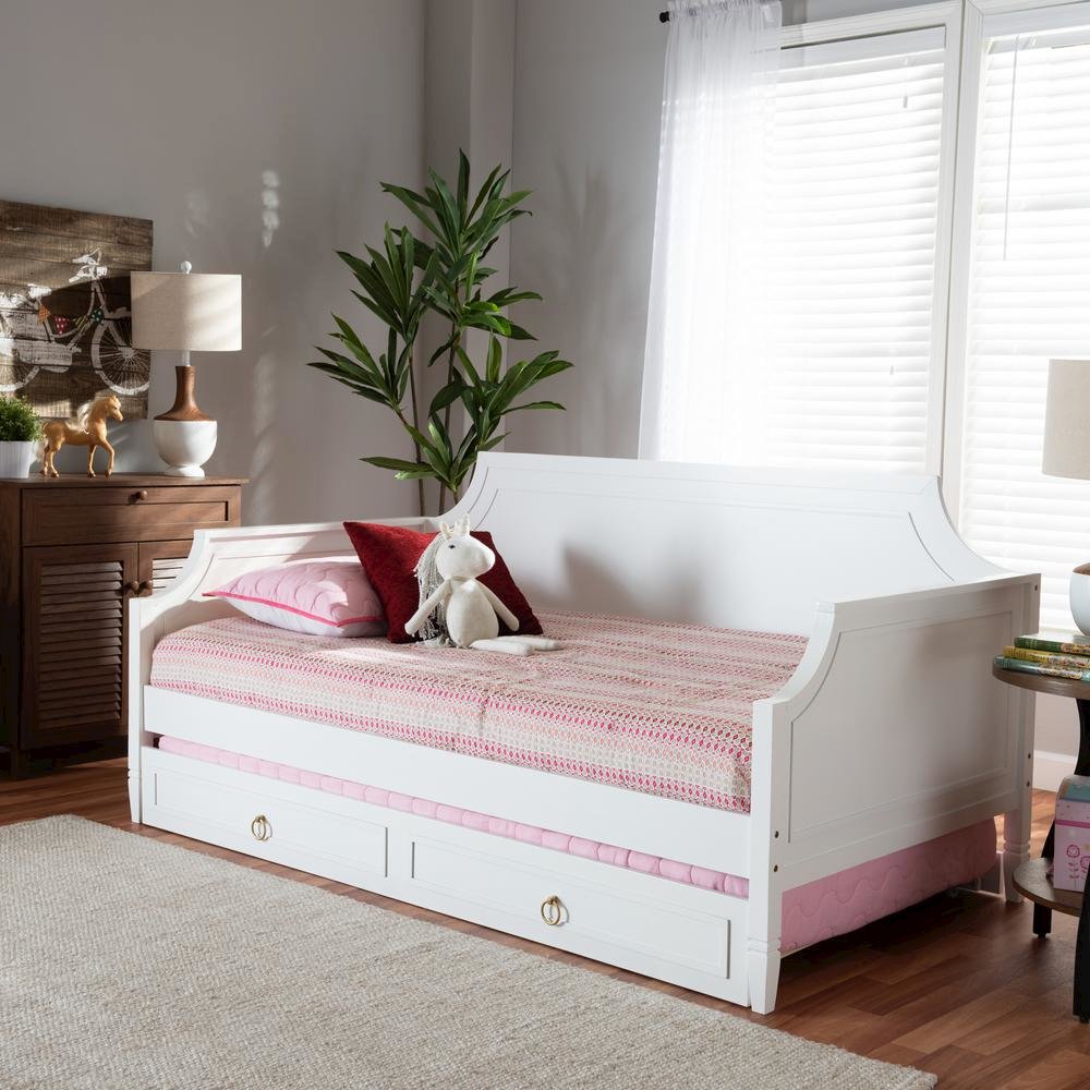Traditional White Finished Wood Twin Size Daybed with Trundle