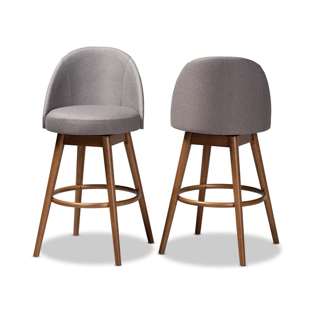 Grey Fabric Upholstered Walnut-Finished Wood Swivel Bar Stool Set of 2