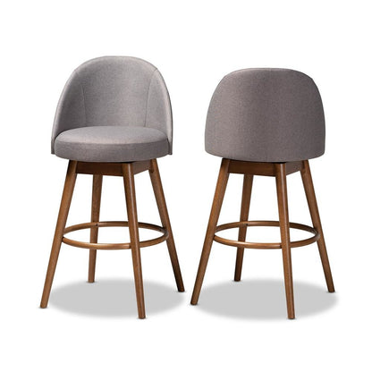 Grey Fabric Upholstered Walnut-Finished Wood Swivel Bar Stool Set of 2