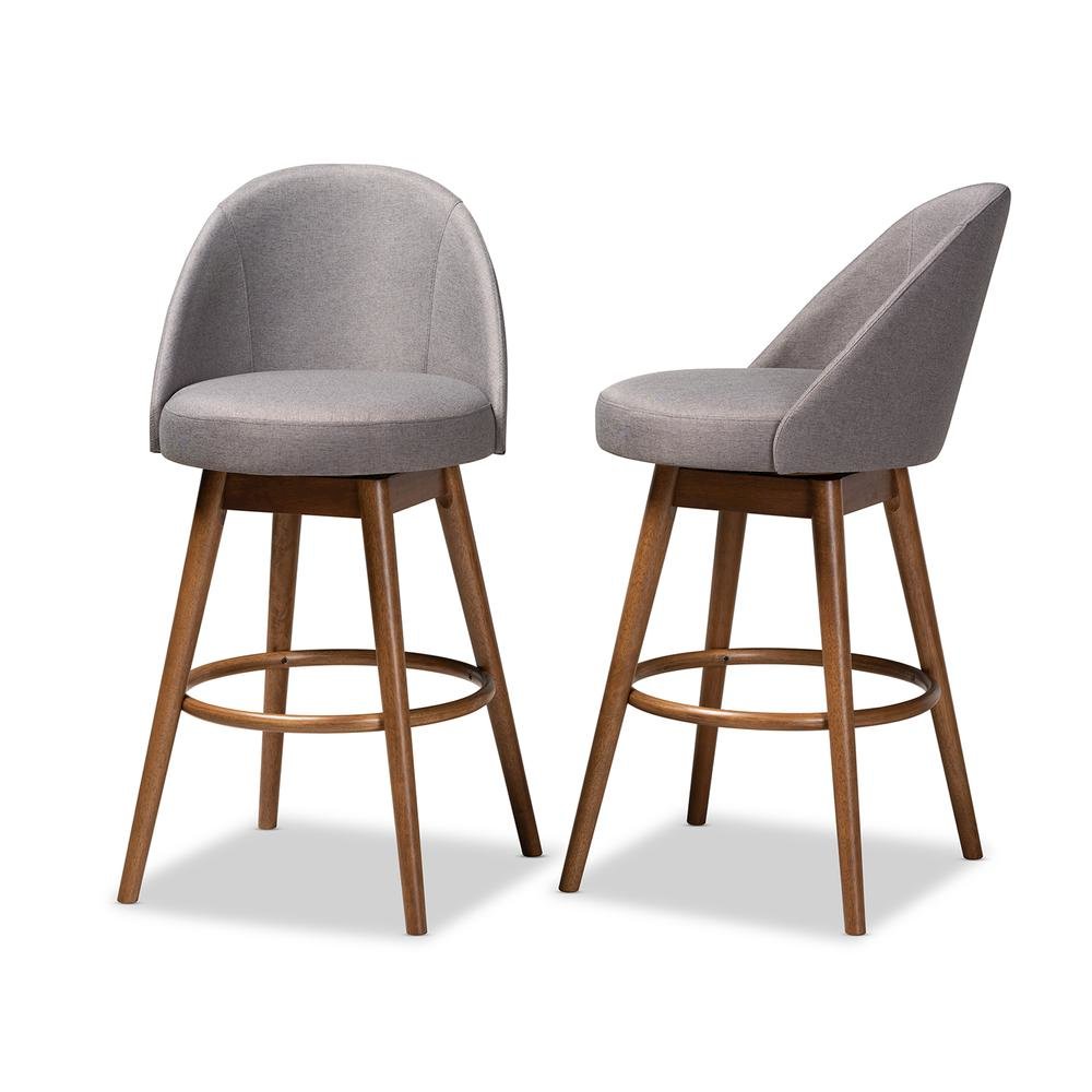 Grey Fabric Upholstered Walnut-Finished Wood Swivel Bar Stool Set of 2