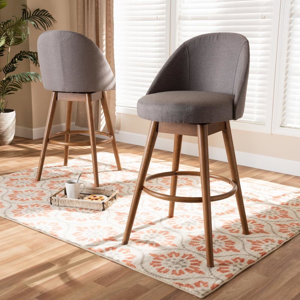 Grey Fabric Upholstered Walnut-Finished Wood Swivel Bar Stool Set of 2