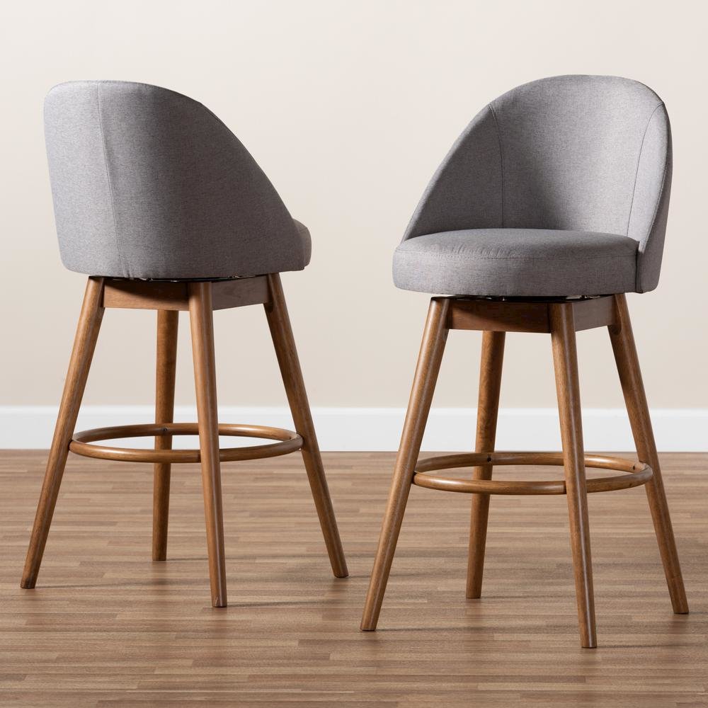 Grey Fabric Upholstered Walnut-Finished Wood Swivel Bar Stool Set of 2