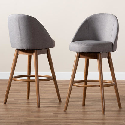 Grey Fabric Upholstered Walnut-Finished Wood Swivel Bar Stool Set of 2