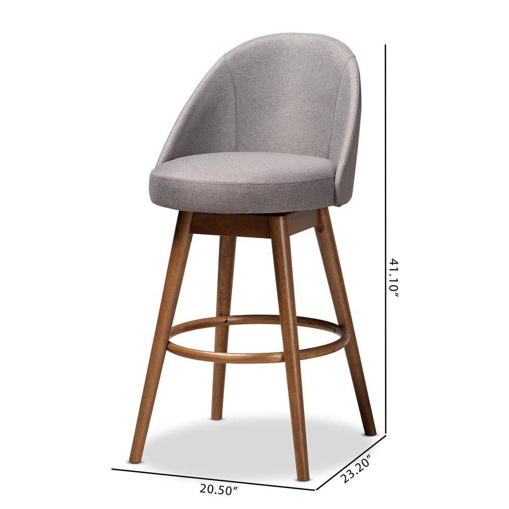 Grey Fabric Upholstered Walnut-Finished Wood Swivel Bar Stool Set of 2