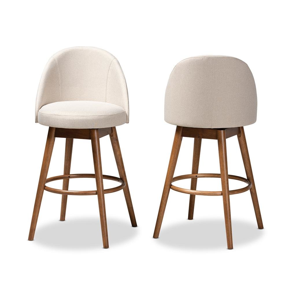 Light Beige Fabric Upholstered Walnut-Finished Wood 2-Piece Swivel Bar Stool Set