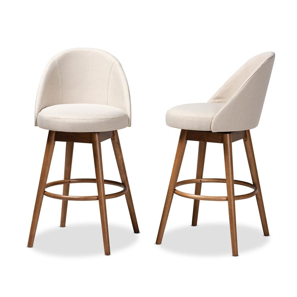 Light Beige Fabric Upholstered Walnut-Finished Wood 2-Piece Swivel Bar Stool Set