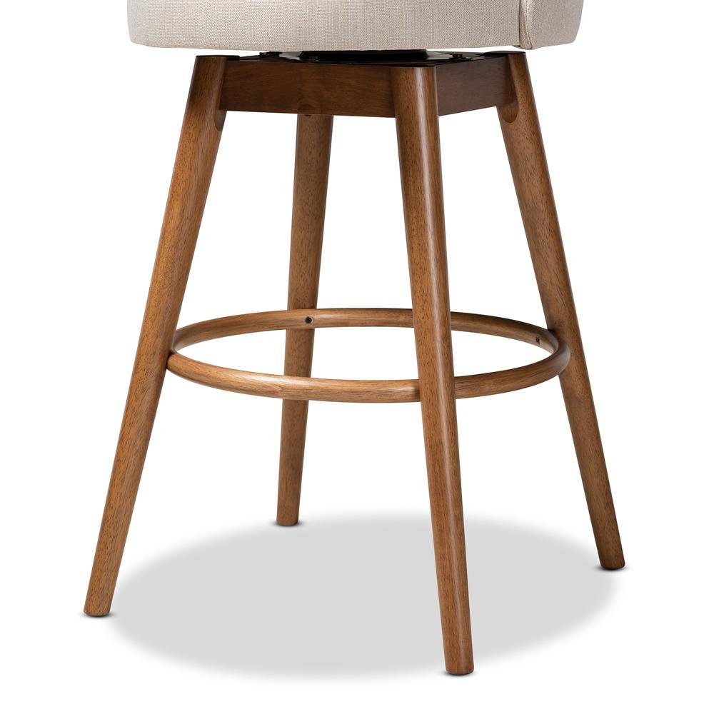 Light Beige Fabric Upholstered Walnut-Finished Wood 2-Piece Swivel Bar Stool Set