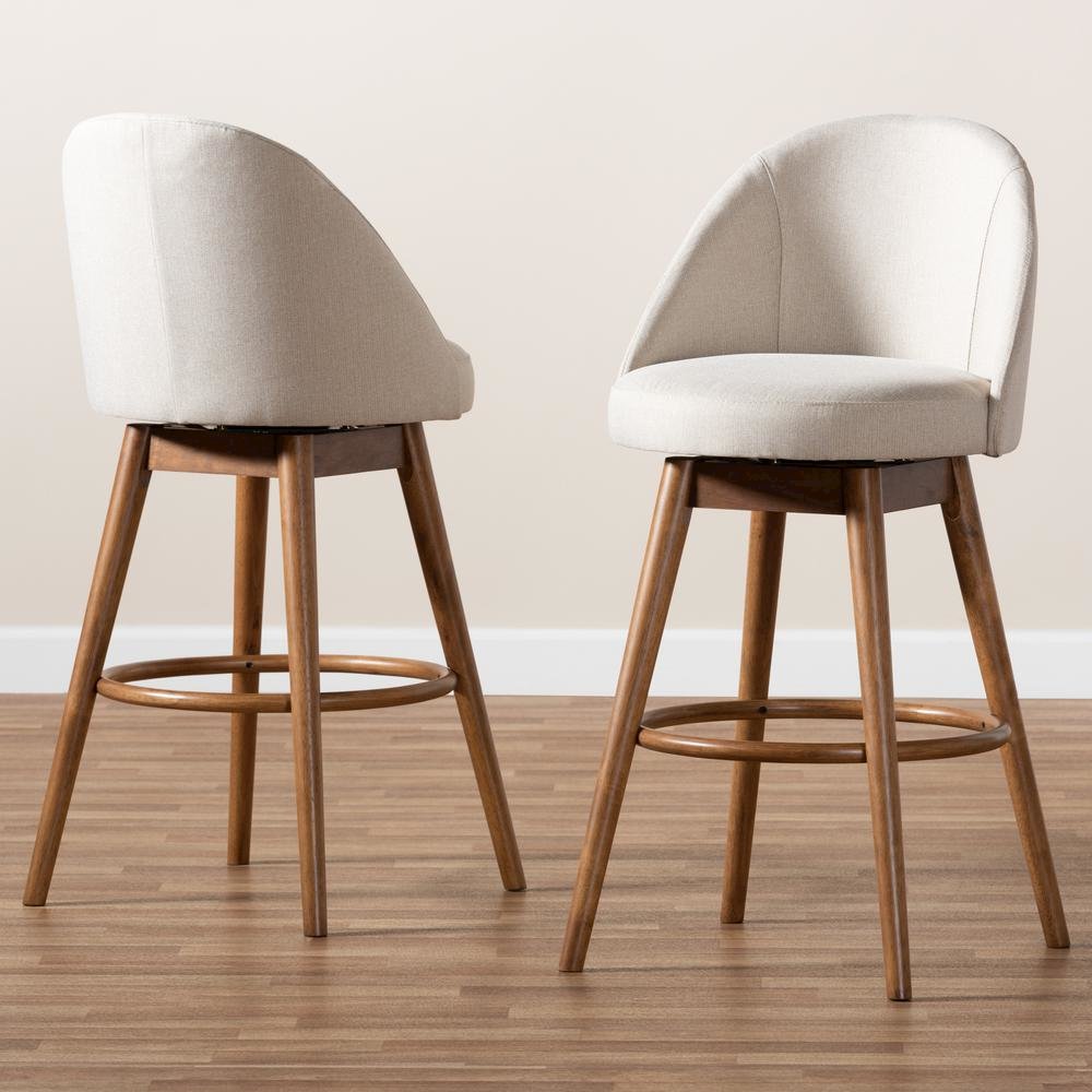 Light Beige Fabric Upholstered Walnut-Finished Wood 2-Piece Swivel Bar Stool Set