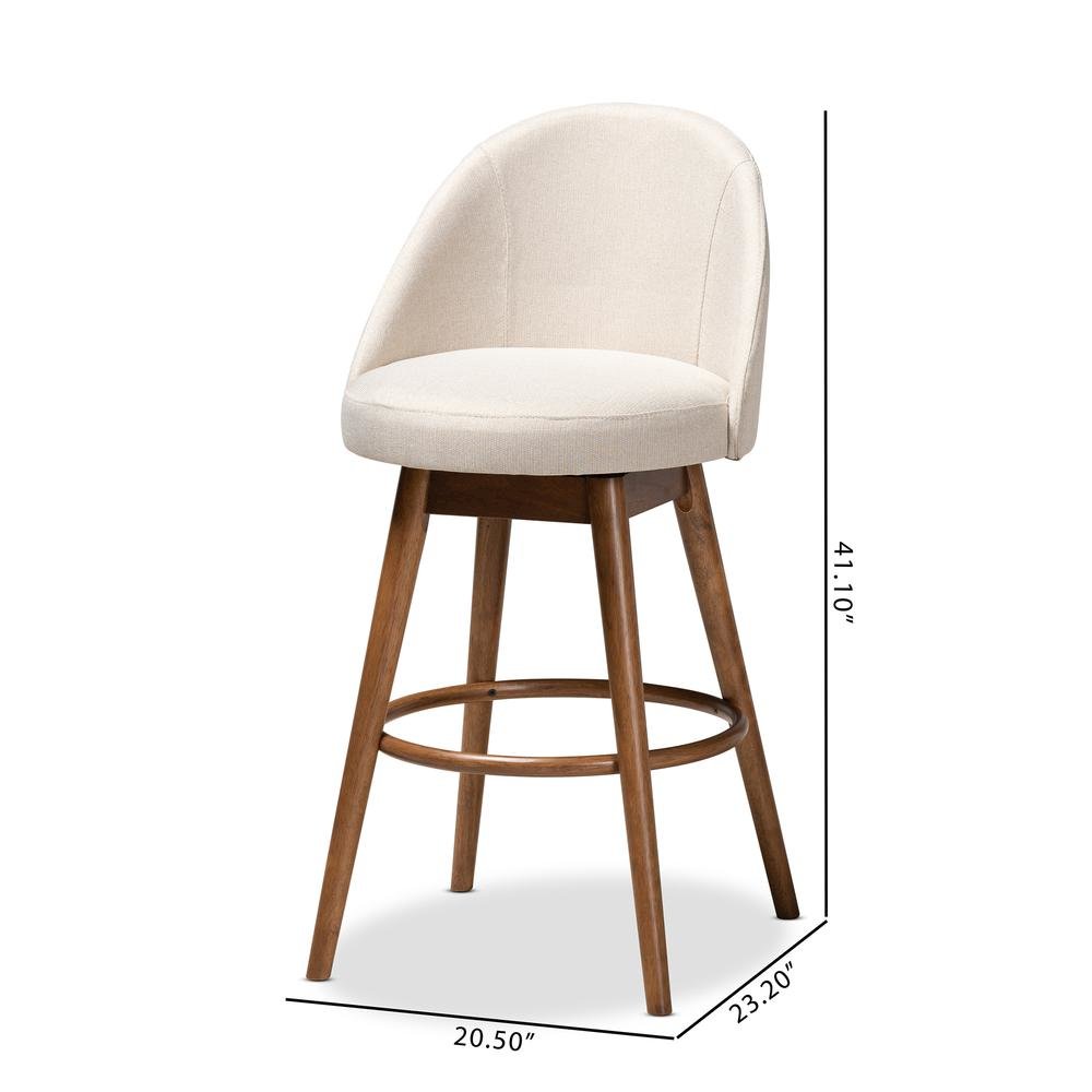 Light Beige Fabric Upholstered Walnut-Finished Wood 2-Piece Swivel Bar Stool Set