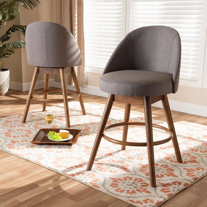 Grey Fabric Upholstered Walnut-Finished Wood Swivel Counter Stool Set of 2