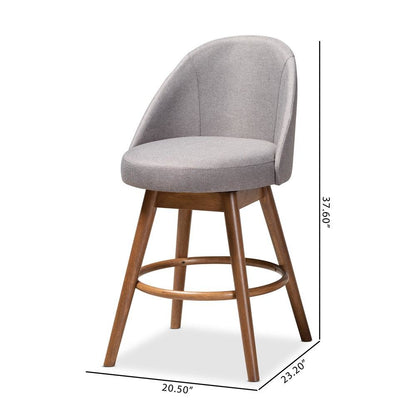 Grey Fabric Upholstered Walnut-Finished Wood Swivel Counter Stool Set of 2