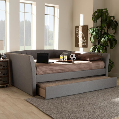 Light Grey Fabric Upholstered Full Size Daybed with Roll-Out Trundle Bed