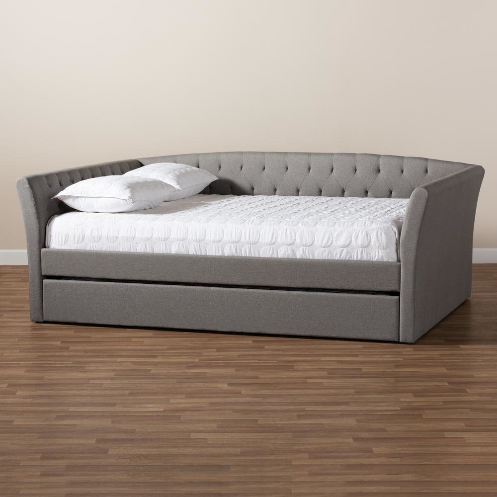 Light Grey Fabric Upholstered Full Size Daybed with Roll-Out Trundle Bed