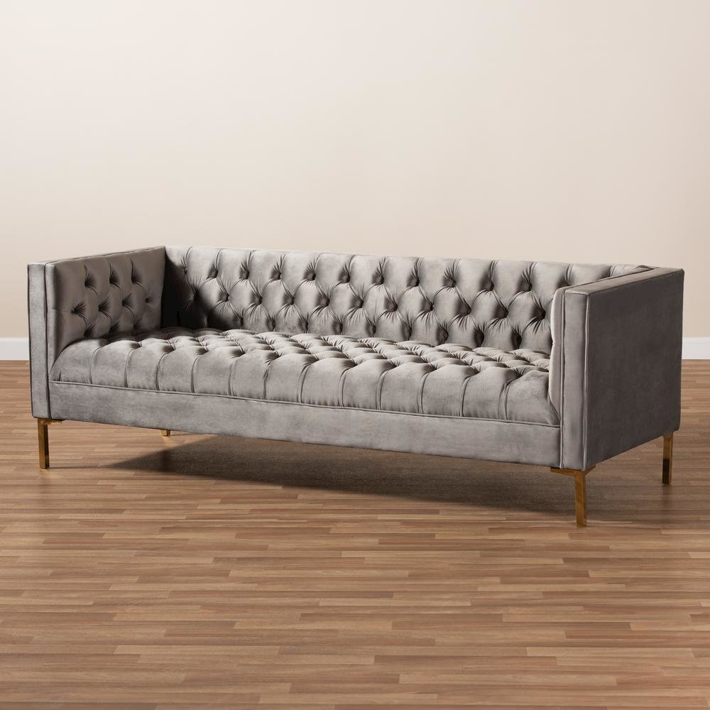 Baxton Studio Zanetta Glam and Luxe Gray Velvet Upholstered Gold Finished Sofa