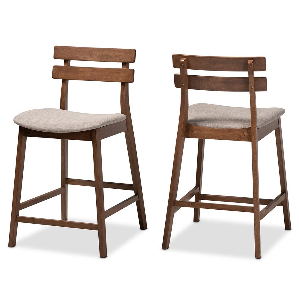 Light Grey Fabric Upholstered Walnut Finished 2-Piece Wood Counter Stool Set