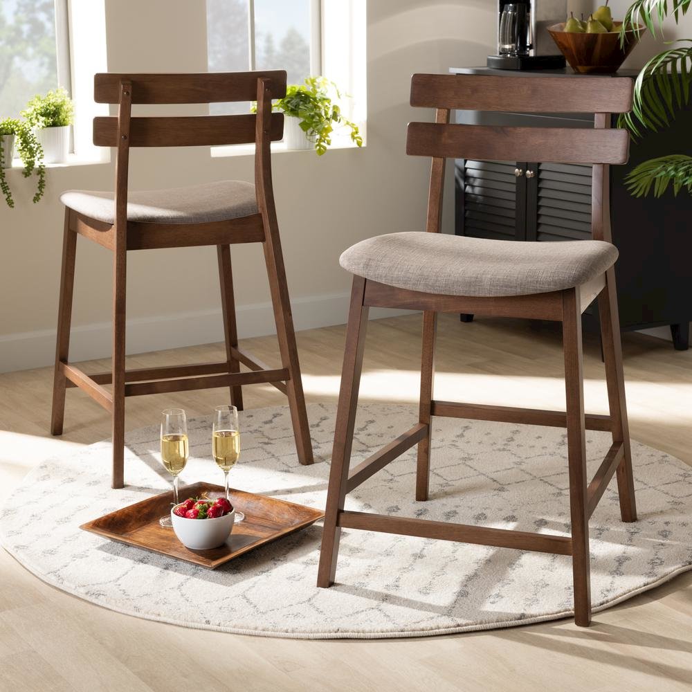 Light Grey Fabric Upholstered Walnut Finished 2-Piece Wood Counter Stool Set