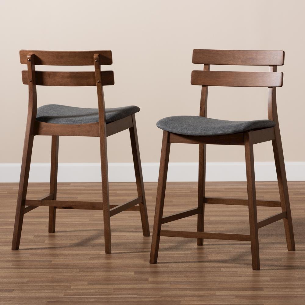 Dark Grey Fabric Upholstered Walnut Finished 2-Piece Wood Counter Stool Set