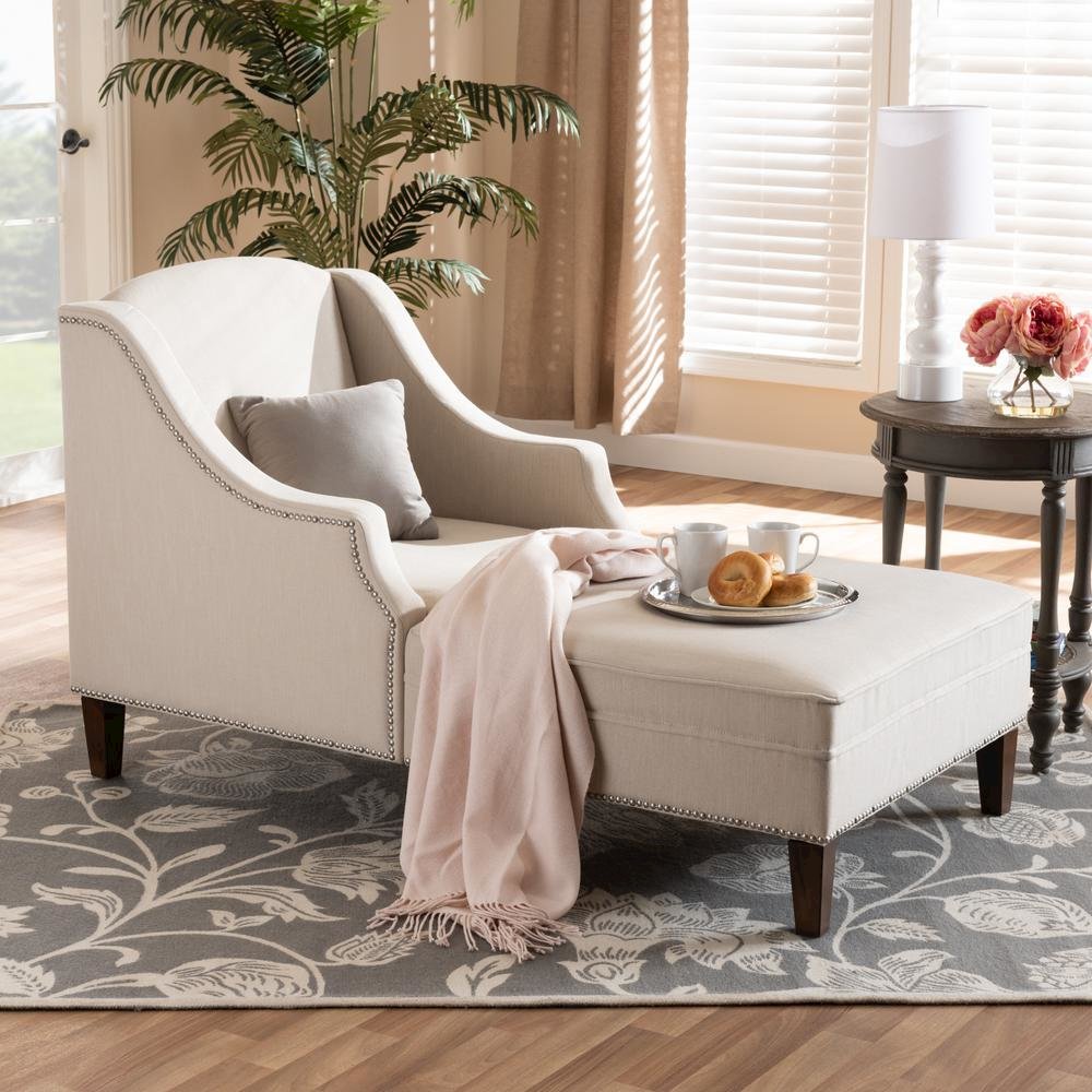 Beige Fabric Upholstered Wenge Brown Finished Chaise Lounge