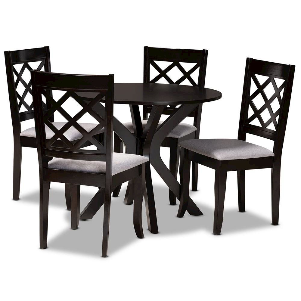 Grey Fabric Upholstered and Dark Brown Finished Wood 5-Piece Dining Set