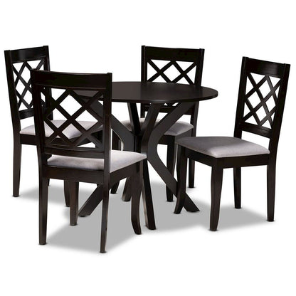 Grey Fabric Upholstered and Dark Brown Finished Wood 5-Piece Dining Set