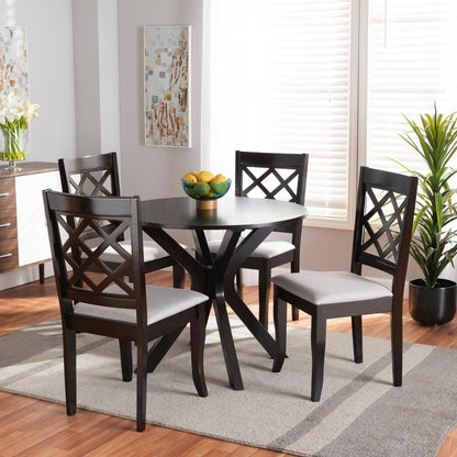 Grey Fabric Upholstered and Dark Brown Finished Wood 5-Piece Dining Set