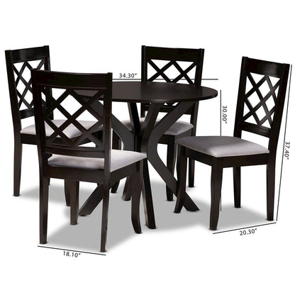 Grey Fabric Upholstered and Dark Brown Finished Wood 5-Piece Dining Set