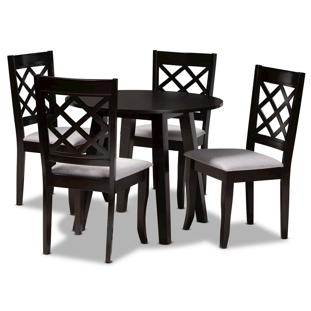 Grey Fabric Upholstered and Dark Brown Finished Wood 5-Piece Dining Set