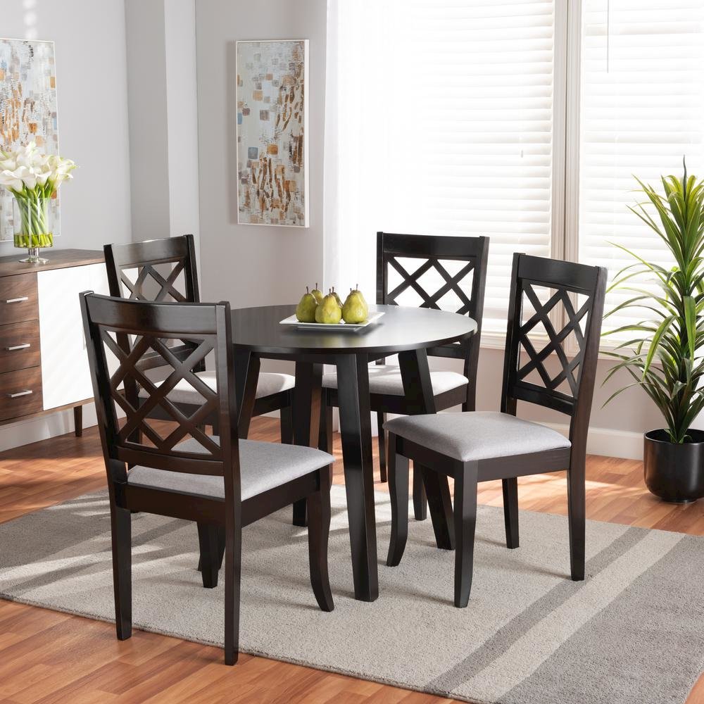 Grey Fabric Upholstered and Dark Brown Finished Wood 5-Piece Dining Set