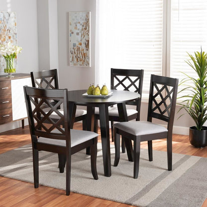 Grey Fabric Upholstered and Dark Brown Finished Wood 5-Piece Dining Set