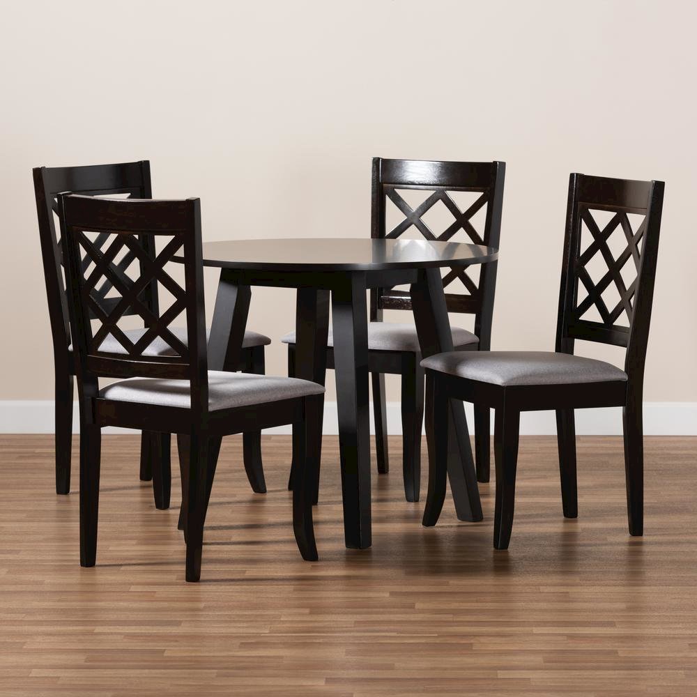 Grey Fabric Upholstered and Dark Brown Finished Wood 5-Piece Dining Set