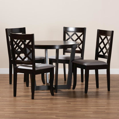 Grey Fabric Upholstered and Dark Brown Finished Wood 5-Piece Dining Set