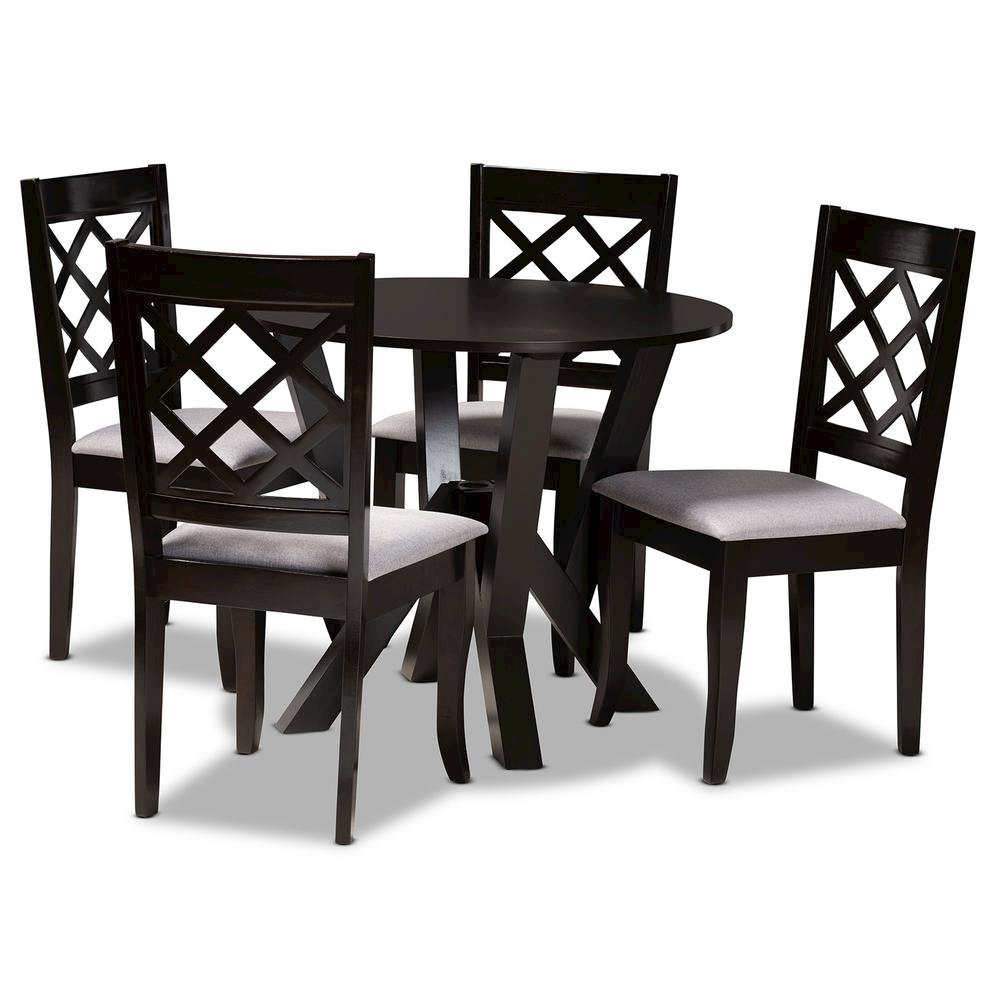 Grey Fabric Upholstered and Dark Brown Finished Wood 5-Piece Dining Set