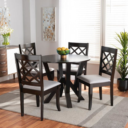 Grey Fabric Upholstered and Dark Brown Finished Wood 5-Piece Dining Set