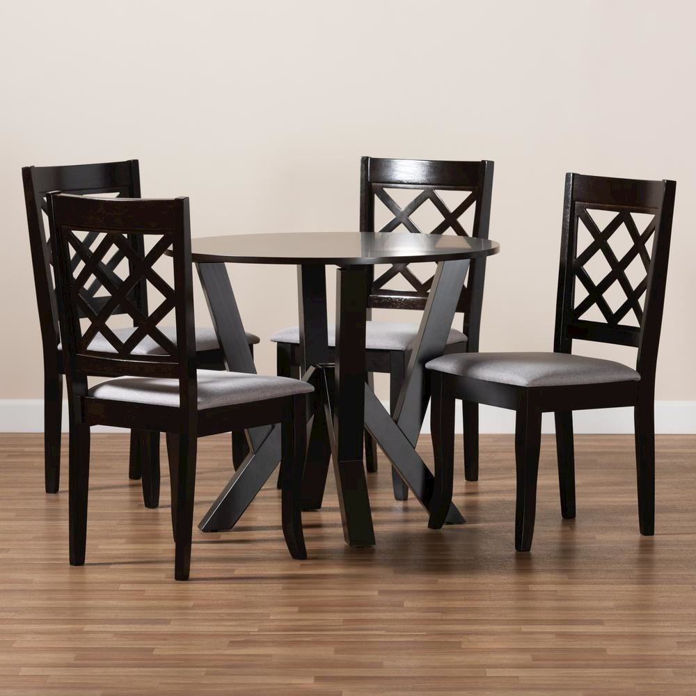 Grey Fabric Upholstered and Dark Brown Finished Wood 5-Piece Dining Set