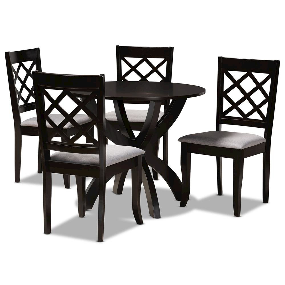 Grey Fabric Upholstered and Dark Brown Finished Wood 5-Piece Dining Set