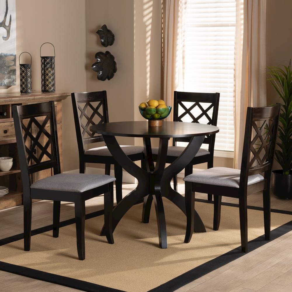 Grey Fabric Upholstered and Dark Brown Finished Wood 5-Piece Dining Set