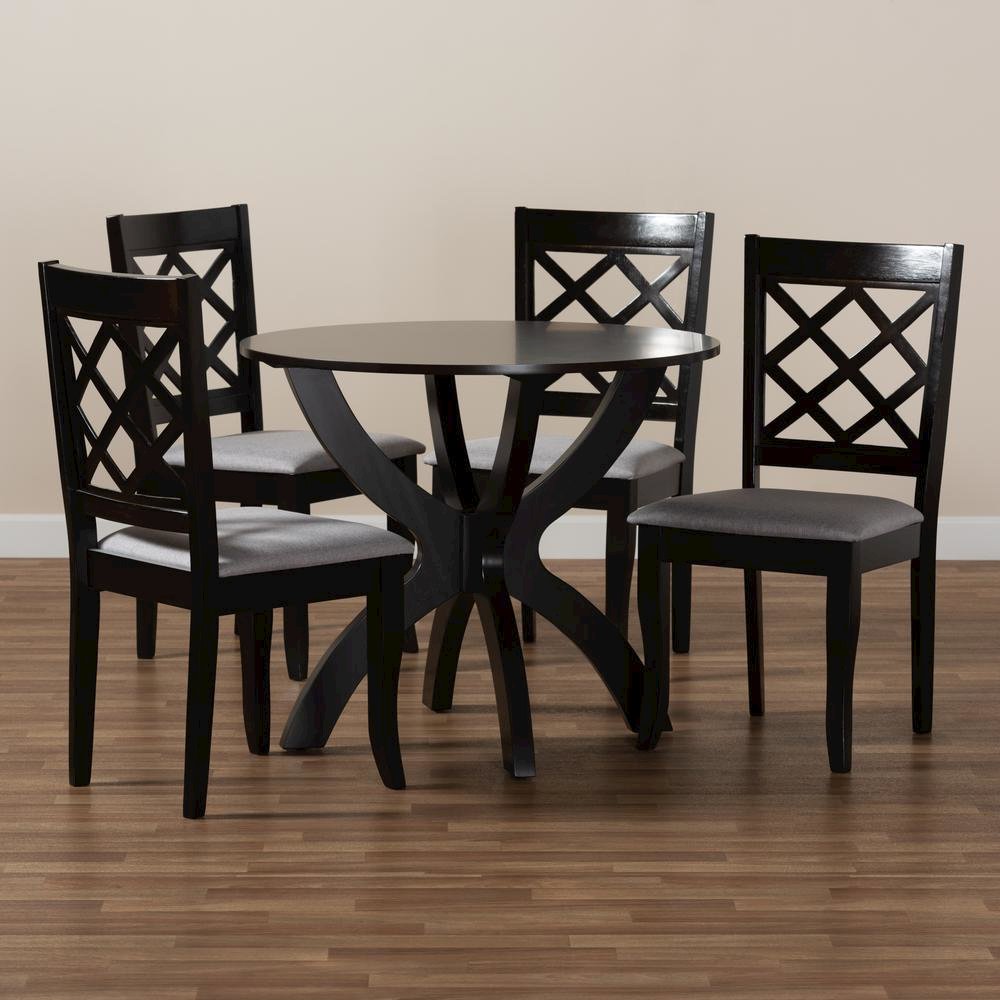 Grey Fabric Upholstered and Dark Brown Finished Wood 5-Piece Dining Set