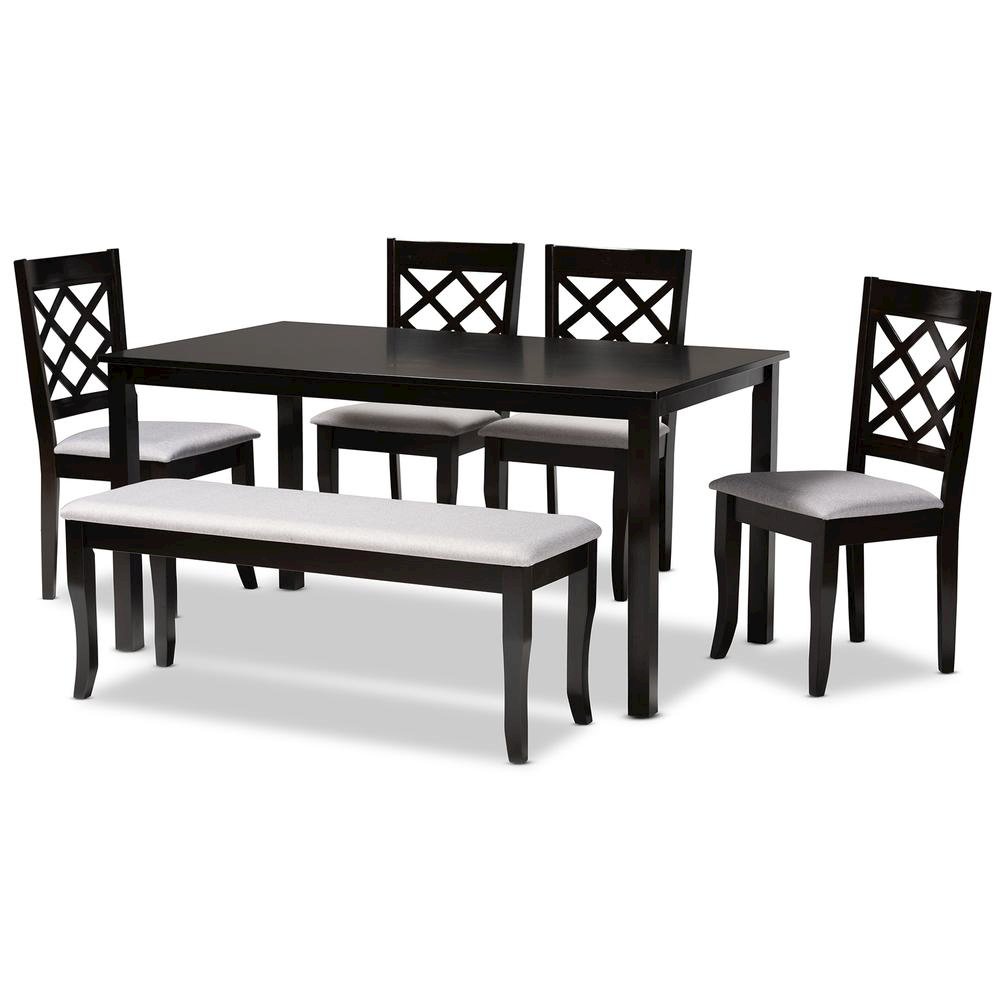 Grey Fabric Upholstered and Dark Brown Finished Wood 6-Piece Dining Set