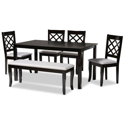 Grey Fabric Upholstered and Dark Brown Finished Wood 6-Piece Dining Set